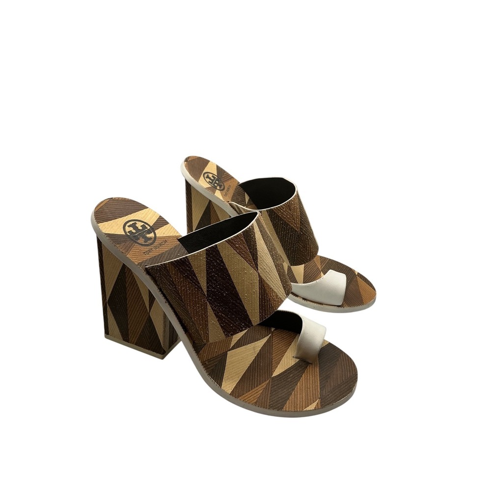 Tory Burch Geometric Marquetry Block Heel Sandals Brown White Leather 7.5M - Picture 3 of 10